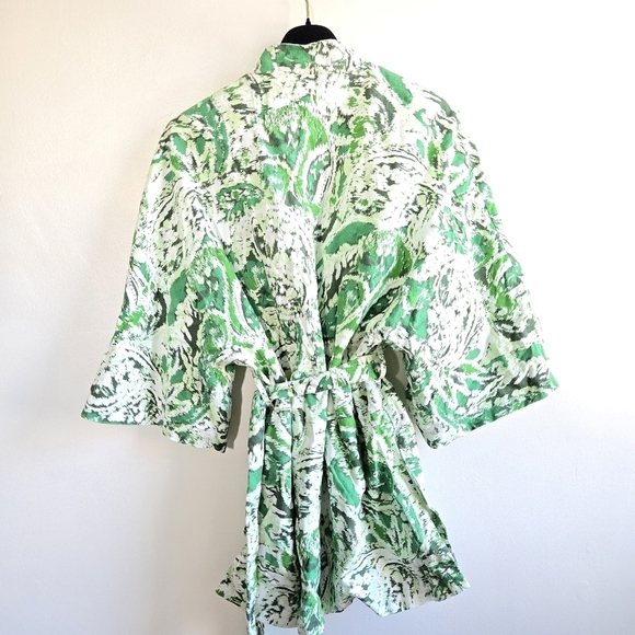 New Zara Printed Linen Blend Belted Green/White Short Kimono Open Front Jacket - Picture 14 of 15